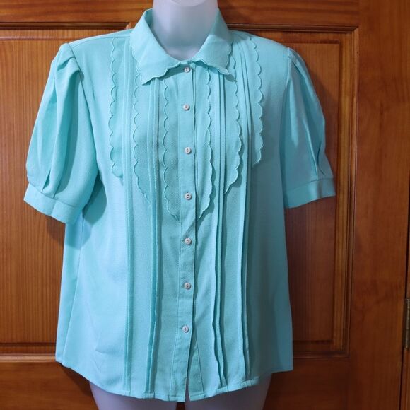 Vintage Asian Teal Blue High Neck Blouse Short Puff Sleeves Small - Picture 2 of 11